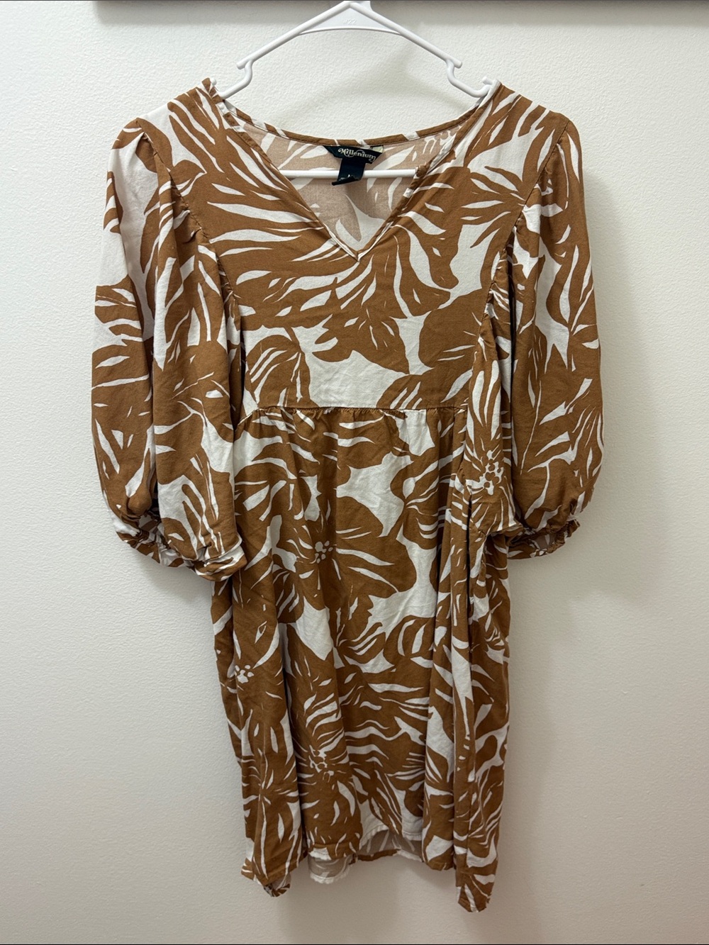 Millenium Cream & Brown Floral Midi Dress with V-Neck